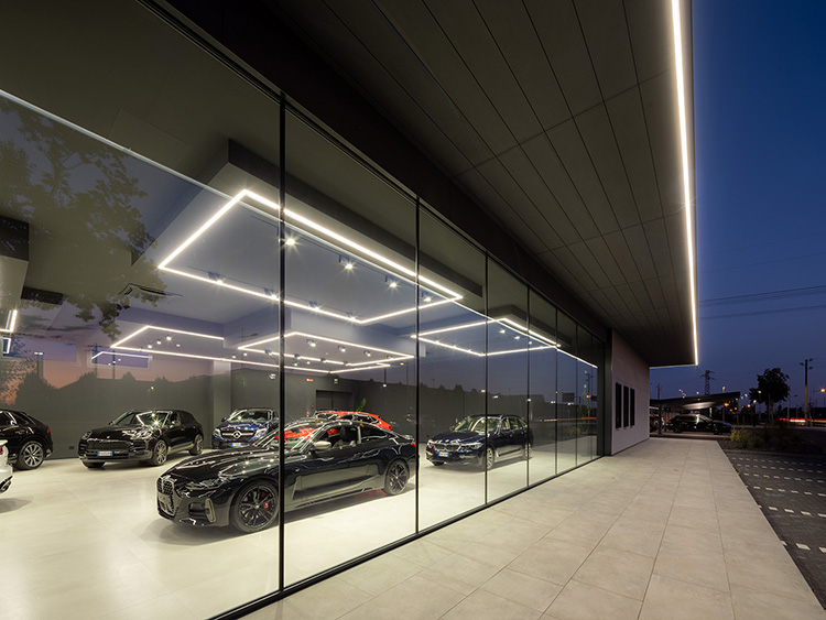 LED linear luminaires from Barthelme mounted on roof overhang