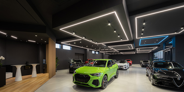 Illuminated showroom of a car dealership